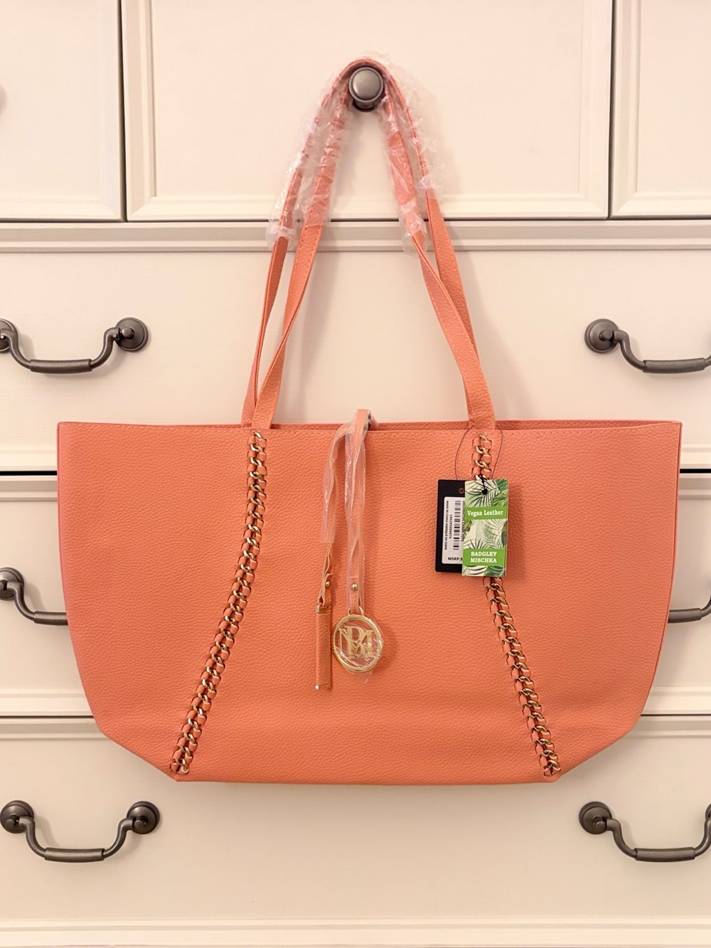 NWT Badgley Mischka Decorative Chain Tote Bag Vegan Leather Coral